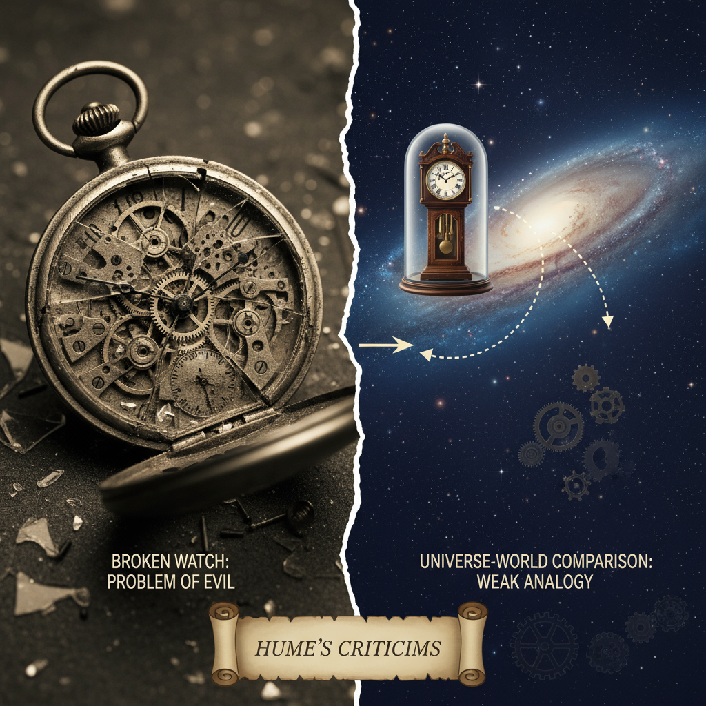 Hume's Criticisms - Broken Watch (Problem of Evil) and Universe Comparison (Weak Analogy)
