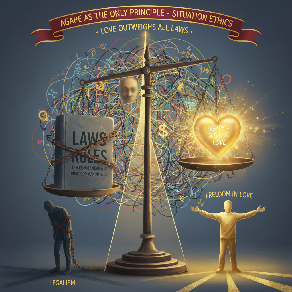 Agape as the Only Principle - Situation Ethics: A scale with Laws/Rules on one side and a glowing Agape heart on the other, showing love outweighing all laws