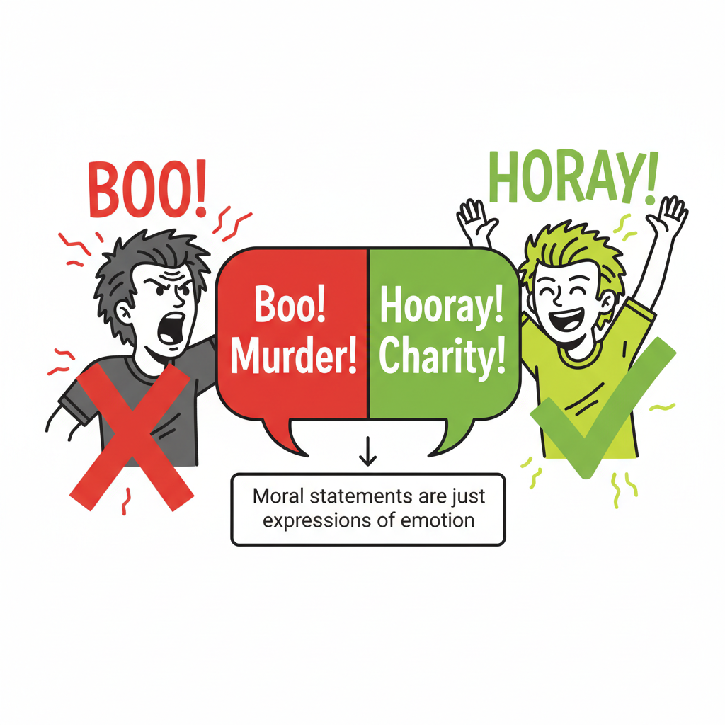 Emotivism: Moral statements as expressions of emotion - Boo! Murder! vs. Hooray! Charity!