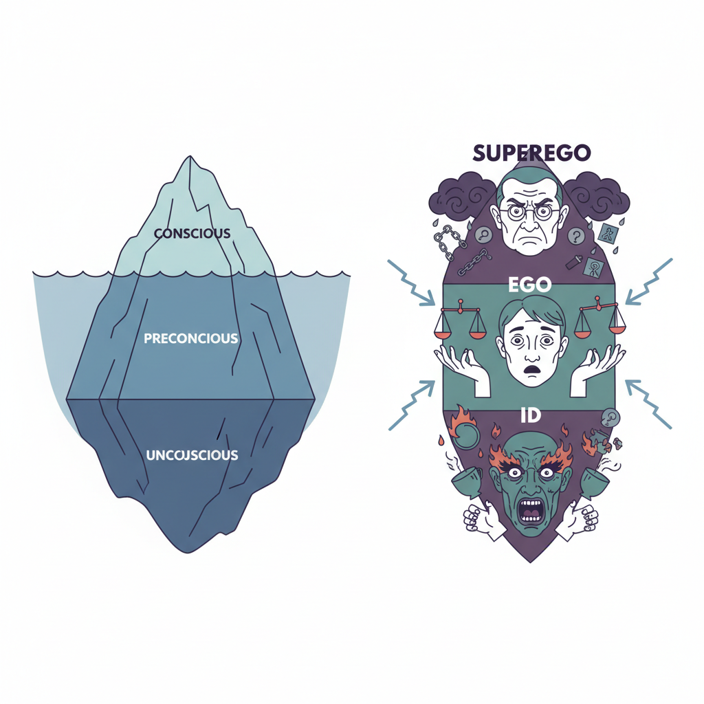 Freud's model: Iceberg (Conscious/Preconscious/Unconscious) and Superego/Ego/Id structure