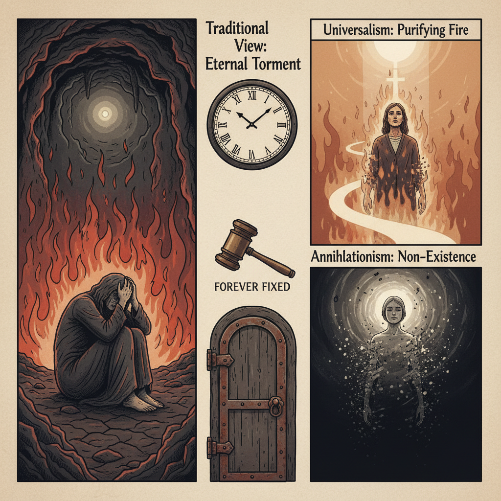Three views of Hell - Traditional Eternal Torment, Universalism Purifying Fire, and Annihilationism Non-Existence