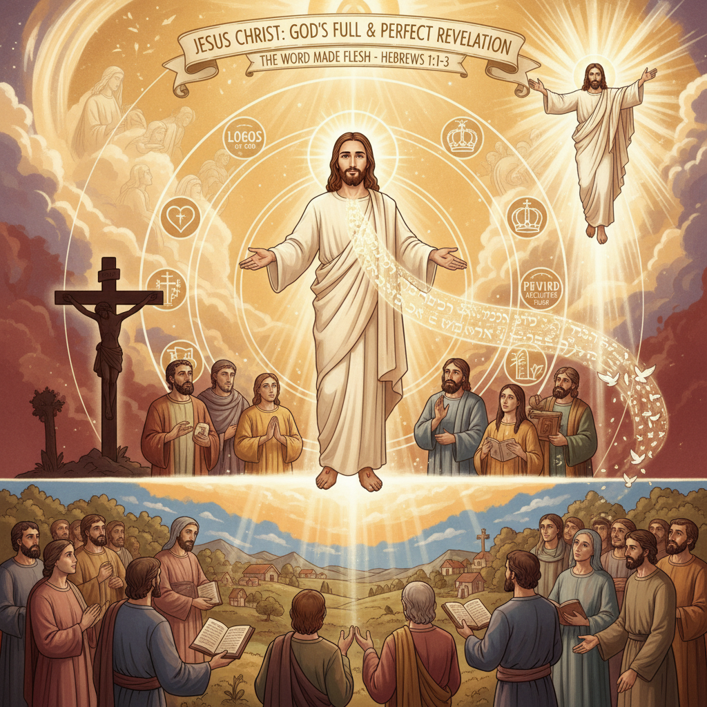 Jesus Christ: God's Full & Perfect Revelation - The Word Made Flesh showing Jesus radiating divine light with symbols of Logos, the cross, and worshipping people