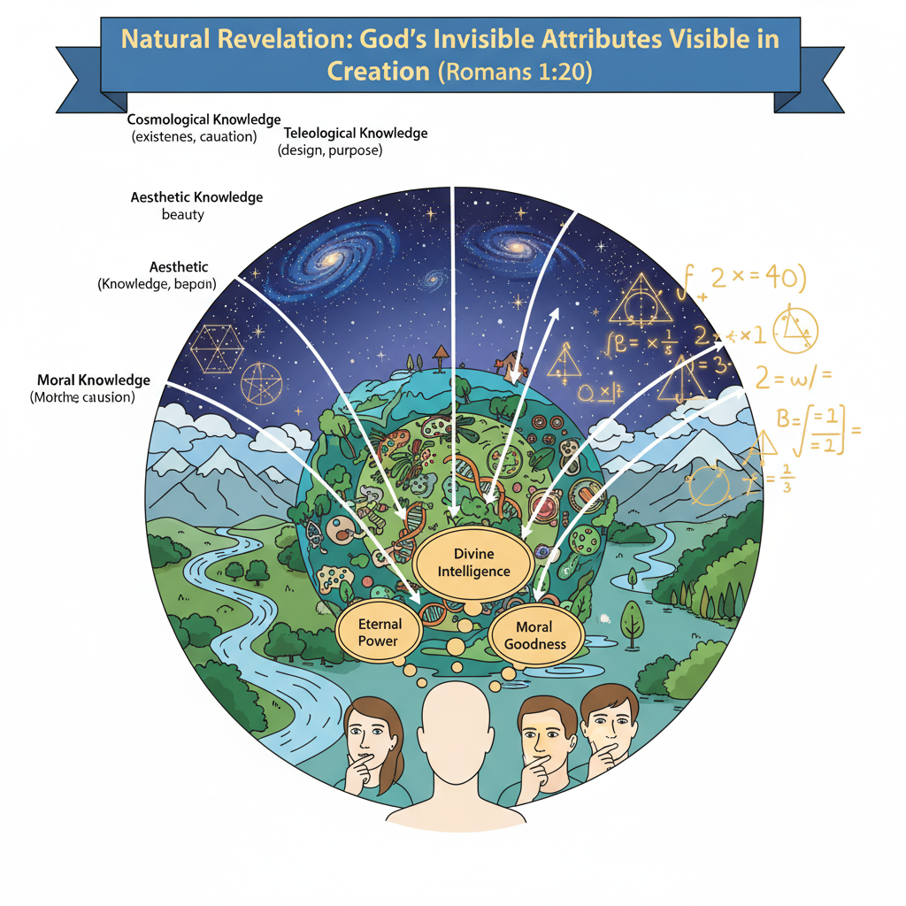 Natural Revelation: God's Invisible Attributes Visible in Creation showing cosmological, teleological, aesthetic, and moral knowledge