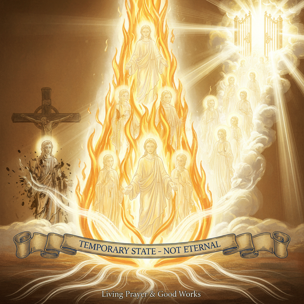 Purgatory illustration showing souls ascending through purifying flames toward heaven