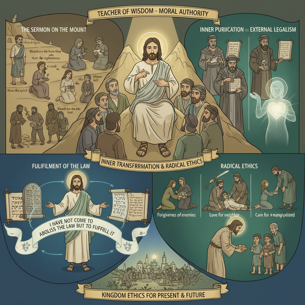 Teacher of Wisdom - Moral Authority: Jesus teaching the Sermon on the Mount, inner purification vs external legalism, fulfillment of the law, and radical ethics for present and future kingdom